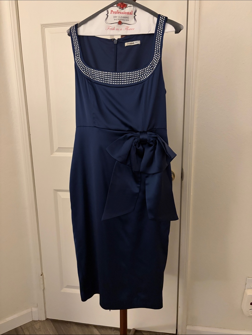 S.L. Fashions Navy Scoop Neck Dress with Rhinestone Trim and Side Bow